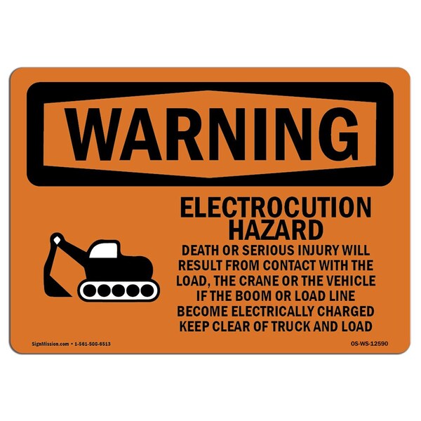 OSHA Warning Sign, 7" H, 10" W, Aluminum, Electrocution Hazard Crane, Landscape, L-12590
